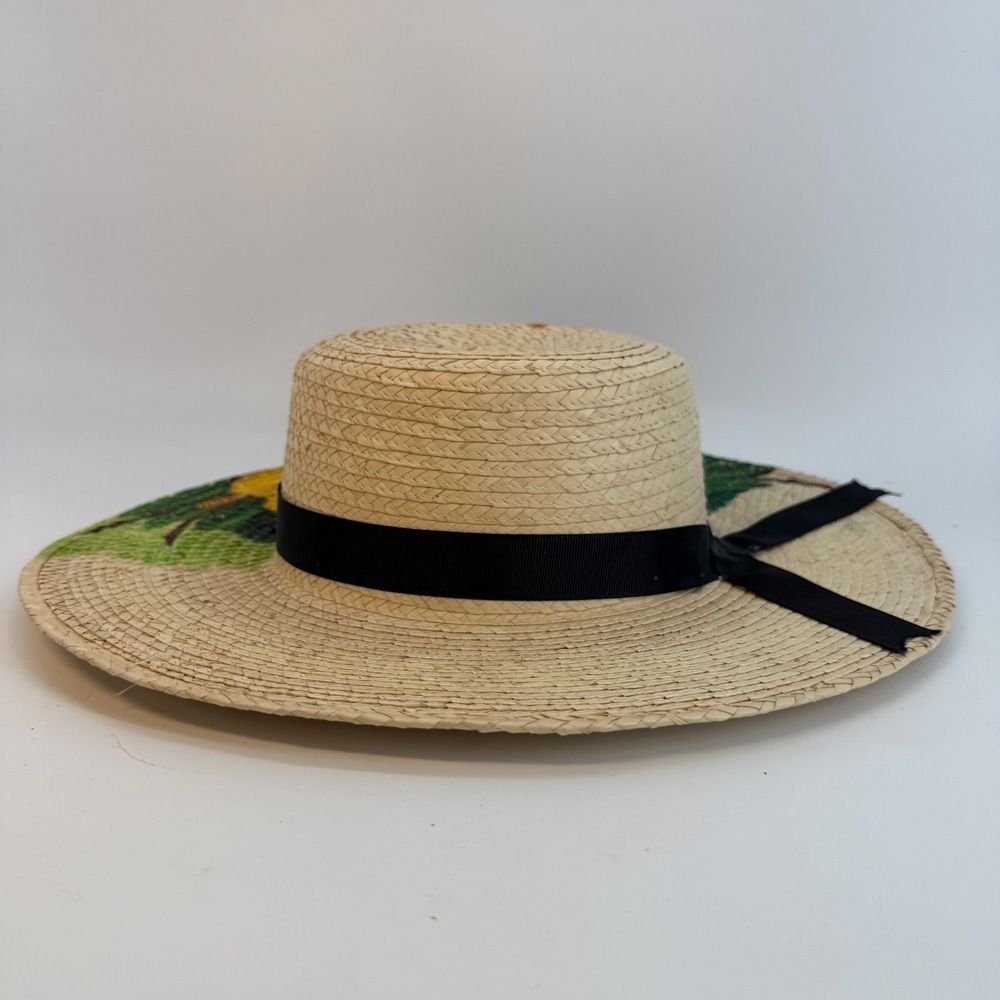 BOHO Hand Painted Artesian Signed Lilly Fedora Hat Floral Artsy SZ Large Ribbon - Picture 5 of 11